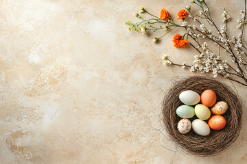 Beige Easter Background with Red and Yellow Flowers and Basket of Decorative Eggs - Space for Text