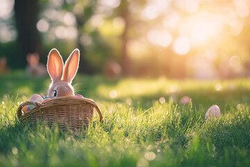 Easter Bunny in Basket with Grass, Only Eyes and Ears Visible, Sunlit Tree Background