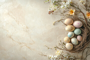 Beige Easter Background with Decorative Eggs, Yellow and White Flowers, and Dry Branches - Space for text