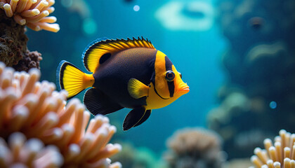 Fototapeta premium Ornate Moorish idol fish swimming among colorful corals, marine beauty