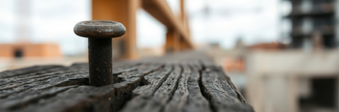 Nail embedded in weathered wooden beam in an urban environment, evoking a feeling of durability and resilience while suggesting construction or labor activities