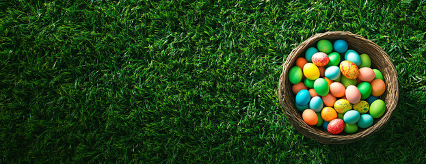 Easter Banner with Green Grass and Full Basket of Decorative Eggs on the Right