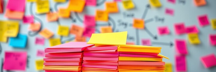 Colorful sticky notes stacked on a table conveying creativity and organization in a collaborative workspace with brainstorming elements in the background