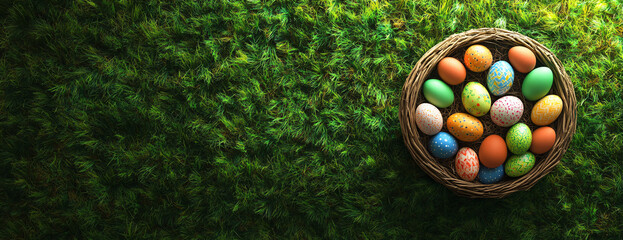 Easter Banner with Green Grass and Basket of Decorative Eggs on the Right
