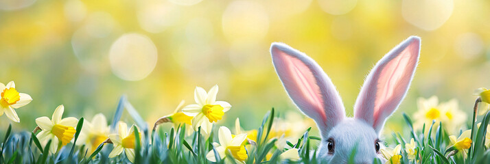 Easter Banner with Grass, Daisies, and Bunny Ears Peeking in a Sunlit Yellow Background