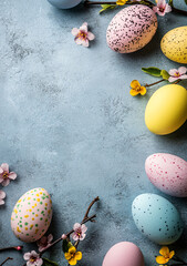Gray-Blue Easter Background with Decorative Eggs on Left Side and Space for Text