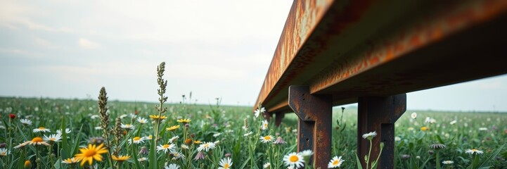 Fototapeta premium Rusty rail on vibrant wildflower field under cloudy sky evoking tranquility, representing freedom and nature's beauty surrounded by lush greenery and various blossoms