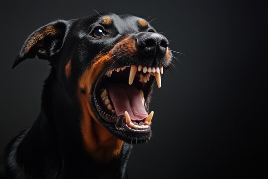 Angry doberman, with cropped ears, looking at the camera on a black background