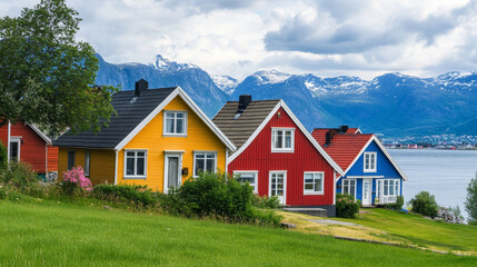 Obraz premium Serene Beauty: Norwegian Houses on Senja Island Amidst Mountains and Sea