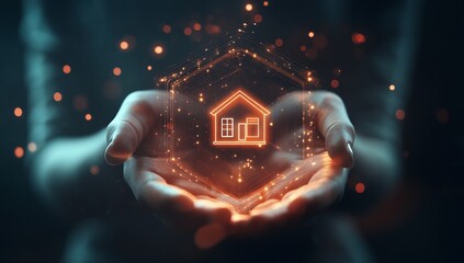 Illuminated hands cradle a glowing house icon, symbolizing innovation and transformation in real estate and technology