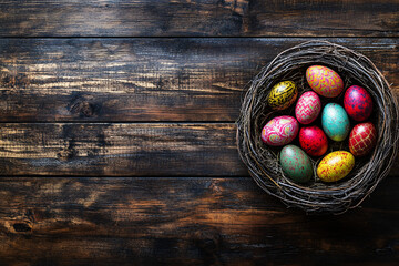 Dark Wooden Easter Background with Basket of Decorative Eggs