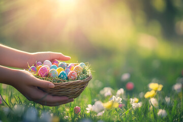 Easter Basket with Decorative Eggs Held by Hand - Sunlit Floral Background