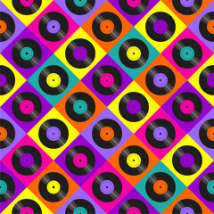 Seamless pattern print background with vinyl record disks vector illustration music wallpaper decorative artistic texture	
