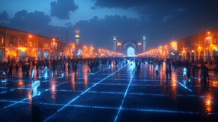 Naqsh-e Jahan Square, Isfahan, Iran, With Futuristic Digital Grid Overlay At Twilight.