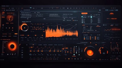 A dark, music production software UI design with numerous buttons and graphs