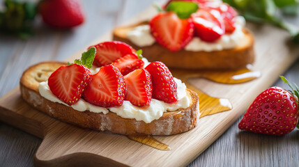 Ricotta toast topped with strawberries and honey, garnished with fresh mint. The wooden background adds a warm and natural touch.