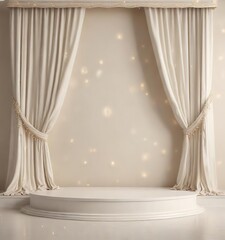White podium with elegant curtains and sparkling lights on cream background, lights, sparkling, elegant