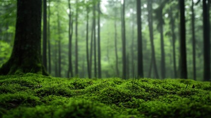Fototapeta premium Lush green moss carpet in a mystical forest.
