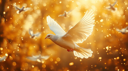 White dove soaring through golden sunlight, symbolizing peace and spiritual freedom