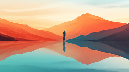 Flat mirage with man in the middle of mountain reflection landscape. Surreal Desert Mirage. Illustration
