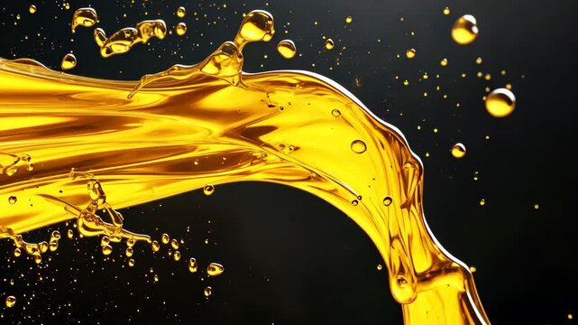 Golden yellow engine oil pouring with smooth motion against a dark background, Golden yellow oil or automobile engine oil pouring out or oil splash on black background
