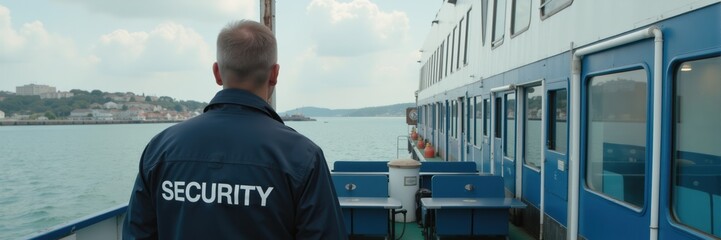 Fototapeta premium Professional Security Guard Patrolling Ferry Deck for Maritime Safety and Public Protection