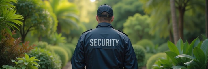 Obraz premium Adult man security guard in uniform stands in lush green garden landscape, security concept.