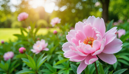 Obraz premium Peony blossoms blooming in garden sunlight, beauty of nature