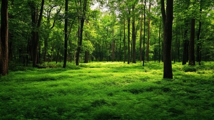 Obraz premium Serene forest scene with lush green undergrowth.
