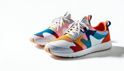 Colorful athletic shoes displayed on a clean surface showcasing modern design and vibrant patterns for casual wear