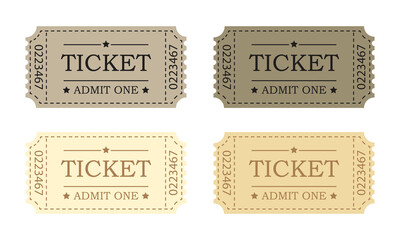 Retro ticket design set template isolated on white background. Admit one. Tickets for cinema, movie, circus, carnival, film, festival, etc. Vector illustration.