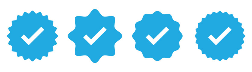 Verify icon stamp. Blue flat star shape stickers. Verified badge profile set. Social media account verification icons isolated on white background. Vector illustration.