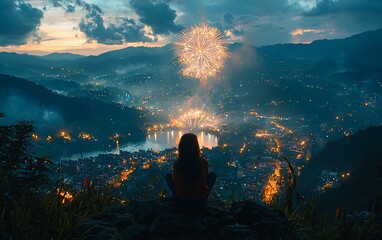 Woman watching fireworks over city at night.
