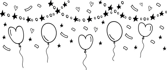 Doodle garland with stars, balloons, hearts and serpentine on transparent background. Party, birthday decoration.  © Maryna