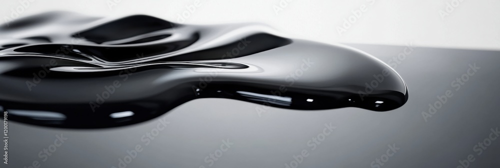 Poster Shiny black oil puddle reflecting light on a smooth surface in a contrasting background. Generative AI