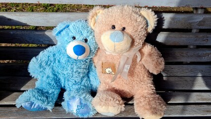 2 teddy bears sitting on a bench