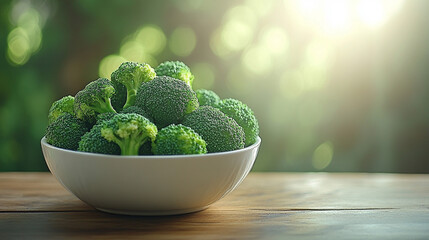 A minimalist composition of fresh broccoli florets in a bowl on a blurred modern backdrop. Empty space symbolizes simplicity, growth, and health-conscious living, inviting reflection on balance and we