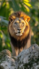 Fototapeta premium Majestic Lion, King of the Jungle, with Intense Gaze in Golden Morning Light. 88 Characters.