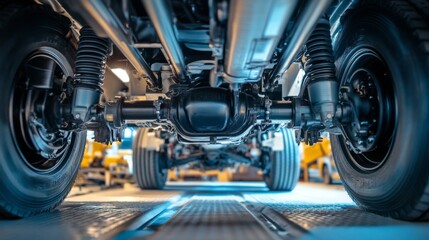 Obraz premium Close-up of a Truck's Undercarriage in a Workshop