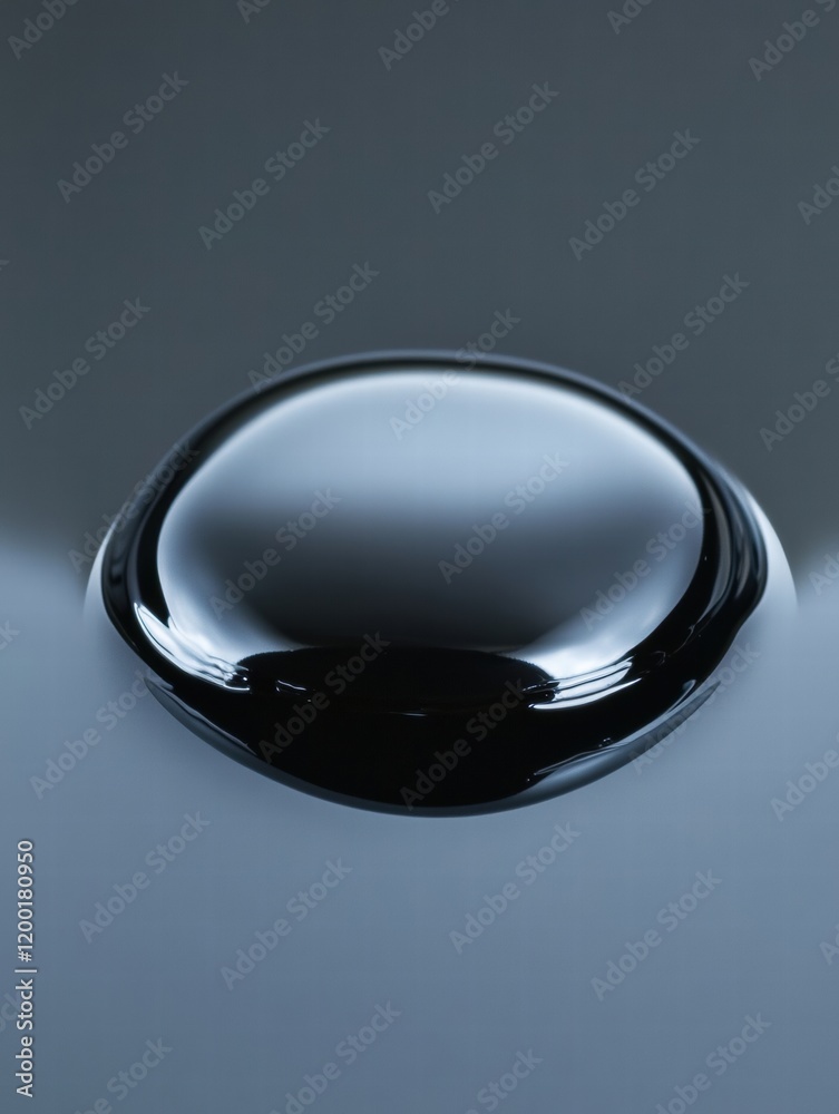 Poster close up of a glossy black oil drop reflecting light on a smooth surface during calm lighting condit