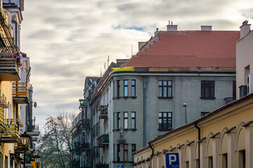 architecture of the old town. old style streets and buildings. architecture and buildings on the market square in the city. historic tenement houses.