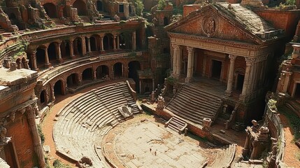 Fototapeta premium Ancient ruins featuring a grand amphitheater and elaborate architecture.