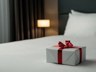 Gift box with red ribbon placed on hotel bed at night