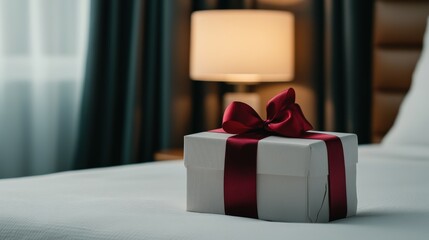 Gift wrapped in white with red ribbon placed on a bed in a cozy room