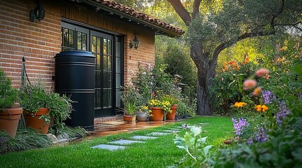 A photograph of an outdoor black rainwater harvesting system, set in the backyard garden of a California home with green grass and colorful flowers