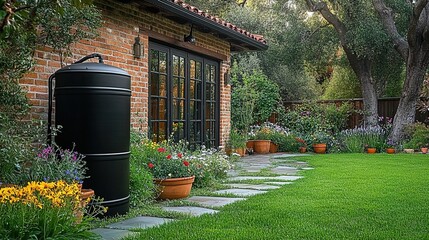 Obraz premium A photograph of an outdoor black rainwater harvesting system, set in the backyard garden of a California home with green grass and colorful flowers