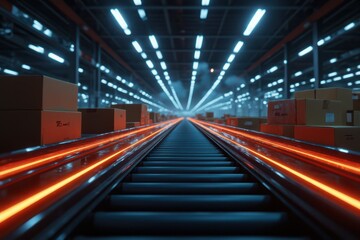 a conveyor belt moving through a warehouse