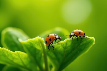 two ladybugs on green leaves