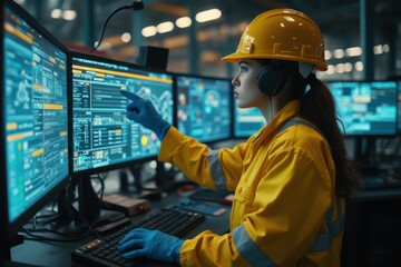 a woman in a hard hat and yellow safety glasses working on multiple computer screens