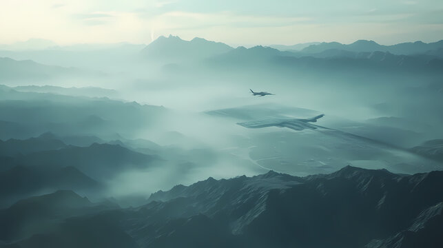 Captivating aerial perspective showcasing the secretive military installation of area cloaked in a hazy surreal atmosphere of distant mirages and futuristic allure. Surreal Desert Mirage. Illustration